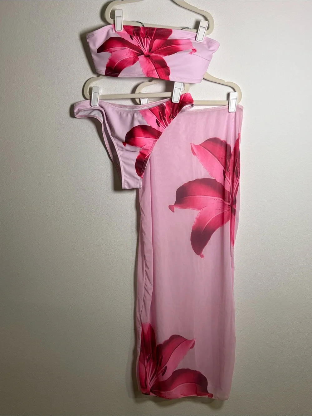 Women’s Pink Floral Bandeau Swim Set with Sarong